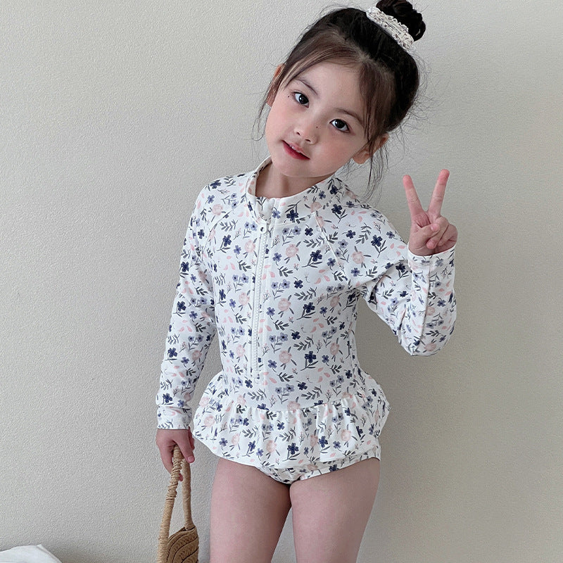 Girls' Long-sleeved Floral One-piece Swimsuit