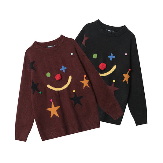 Autumn And Winter Smiley Star Jacquard Loose-fitting Idle Style Needle Sweater Women