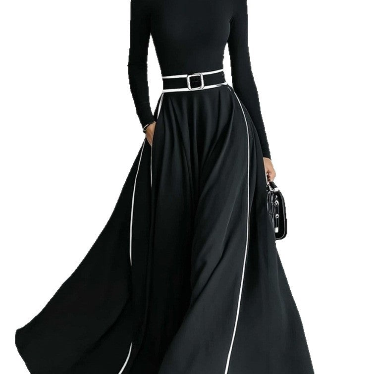 Womens High-neck Long-sleeve Form-fitting Dress With A Waist Belt