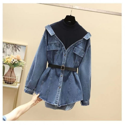 Women's Fashion Waist-Cinching Fake Two-Piece Long Sleeve Denim Jacket