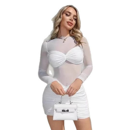 White Sheer Mesh Long-sleeve Bodycon Sheath Dress