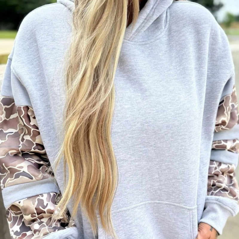 Light Gray Camouflage Stitching Asymmetric Sleeves Plus Size Hoodie