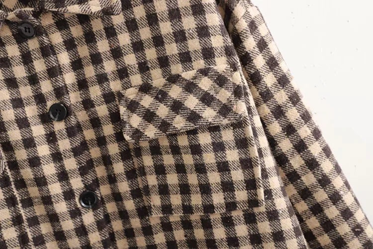 Coffee Color Plaid Loose Mid Length Shirt Jacket