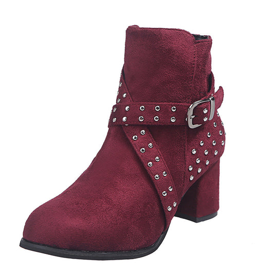 Large Size Thick Heel Ankle Boots Autumn And Winter Suede Belt Buckle High Heel