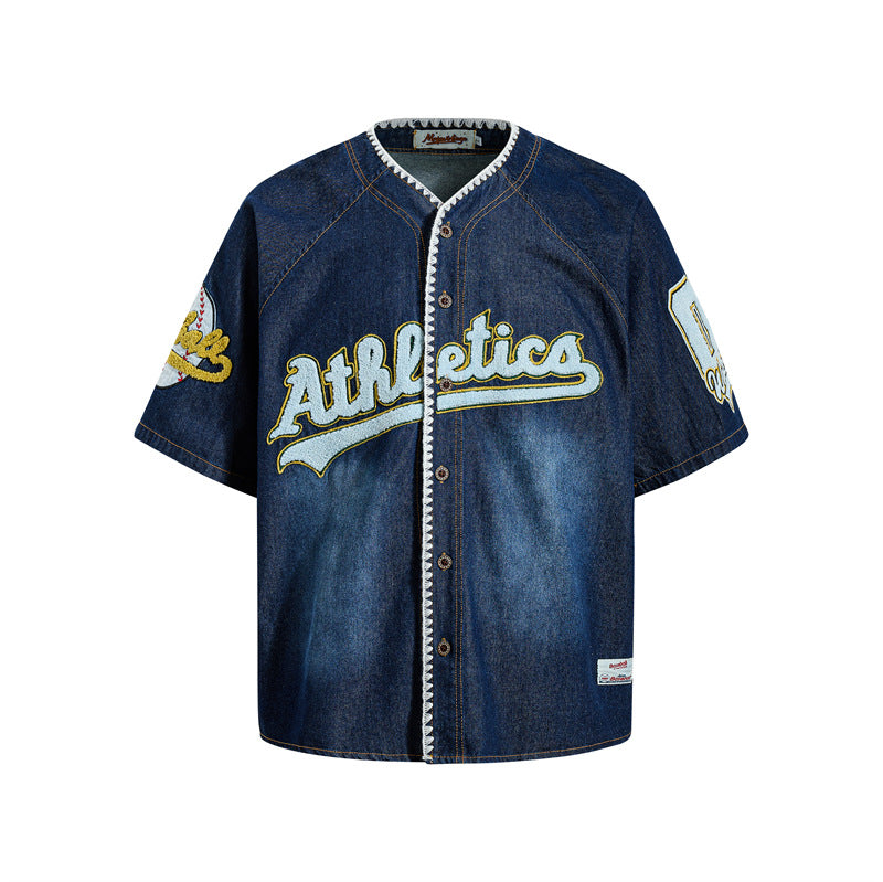 American-style Vintage Flocked Embroidery Denim Baseball Shirt