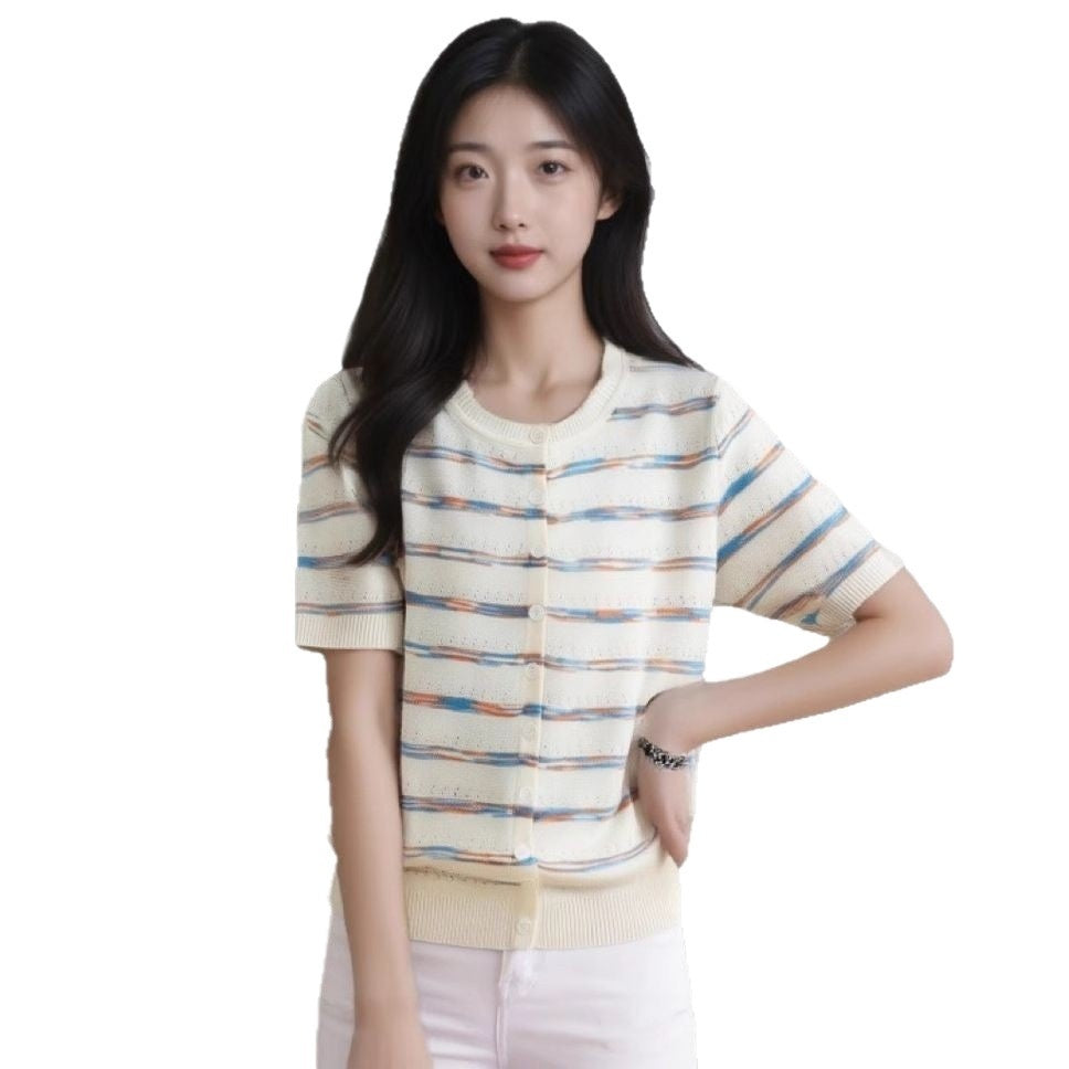 Womens French Chanel-style Striped Ice Silk Knit Top With Short Sleeves