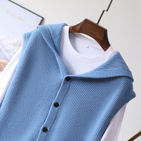 Hooded Cardigan Men's Waistcoat Pure Wool Sleeveless Knitted