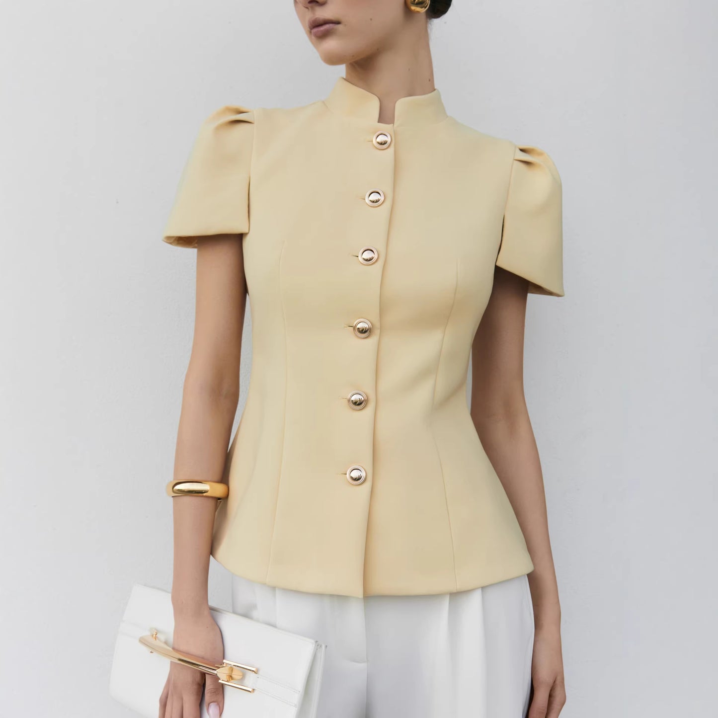 Women's Elegant Stand Collar Lantern Short Sleeves