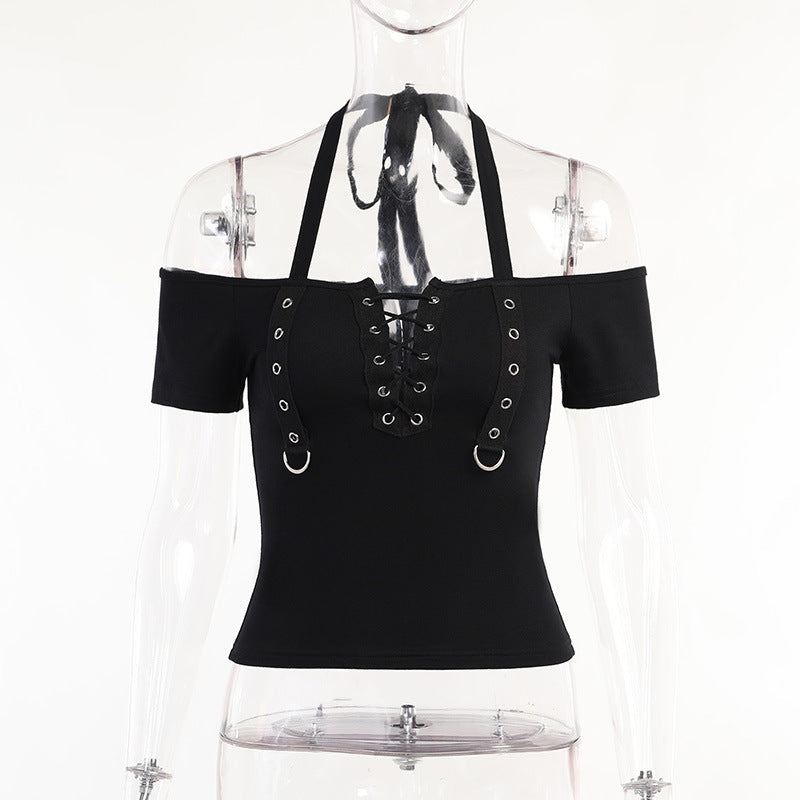 Europe And The United States Dark Wind Eyelet Strap Halter Top