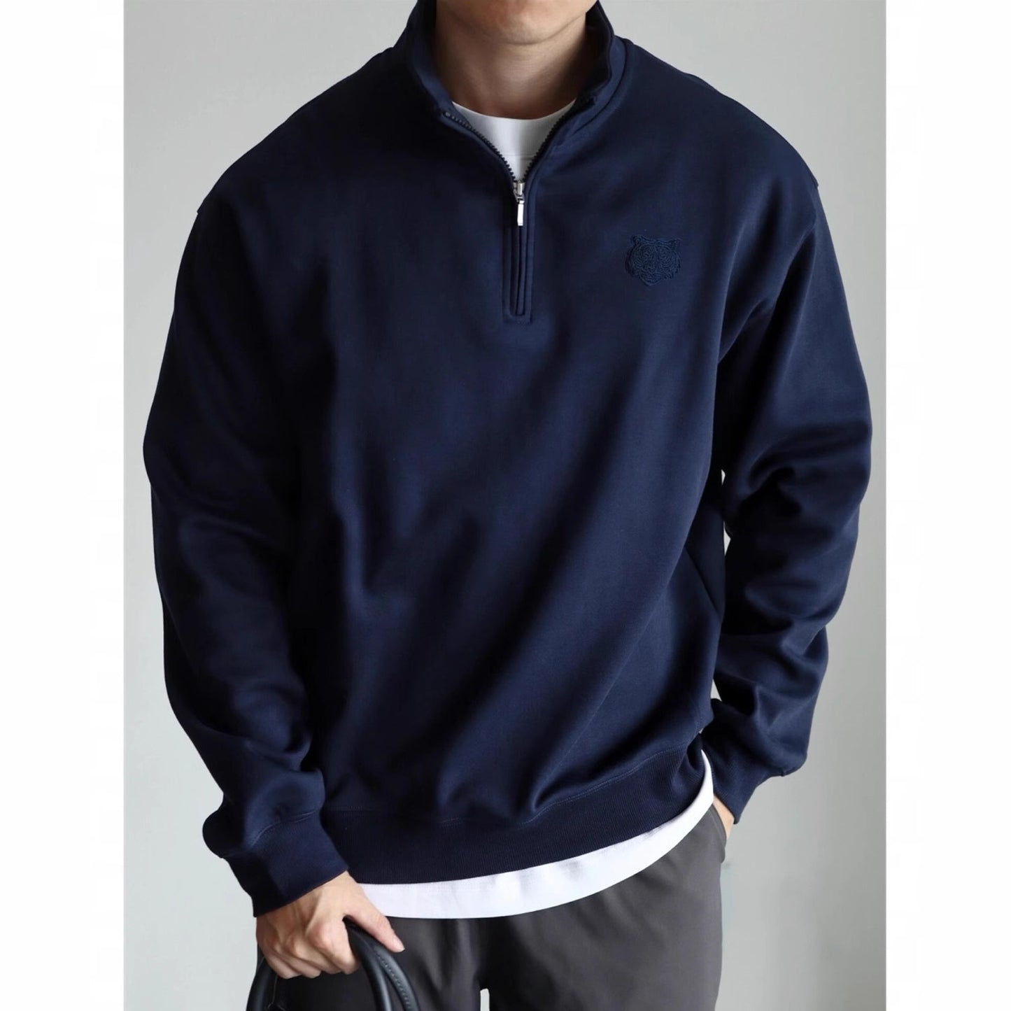 Retro Embroidered Half-placket Stand-up Collar Sweatshirt