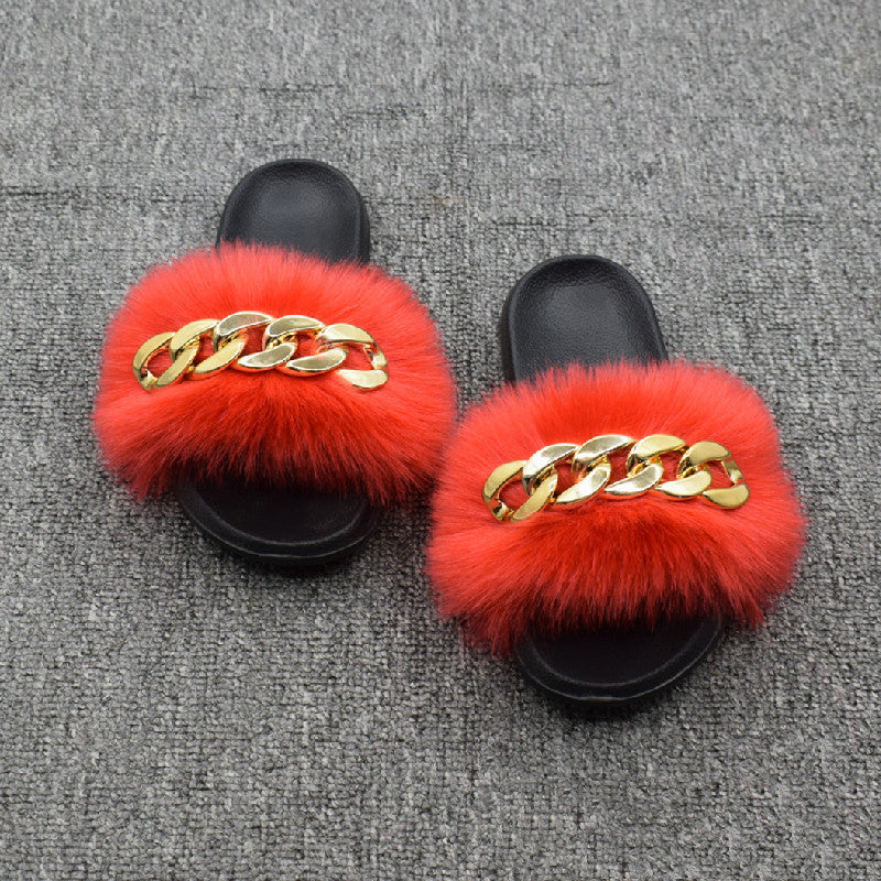 Fur Fur Slippers Chain Faux Fur Flip Flops