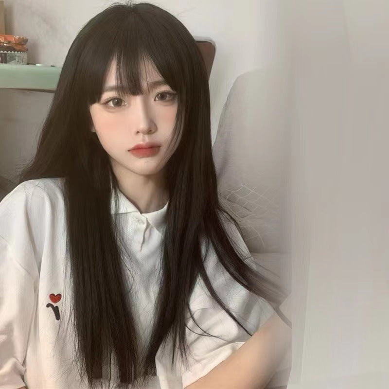 Women's Long Hair Full-head Wig Mid-length Fluffy Eight-character Bangs