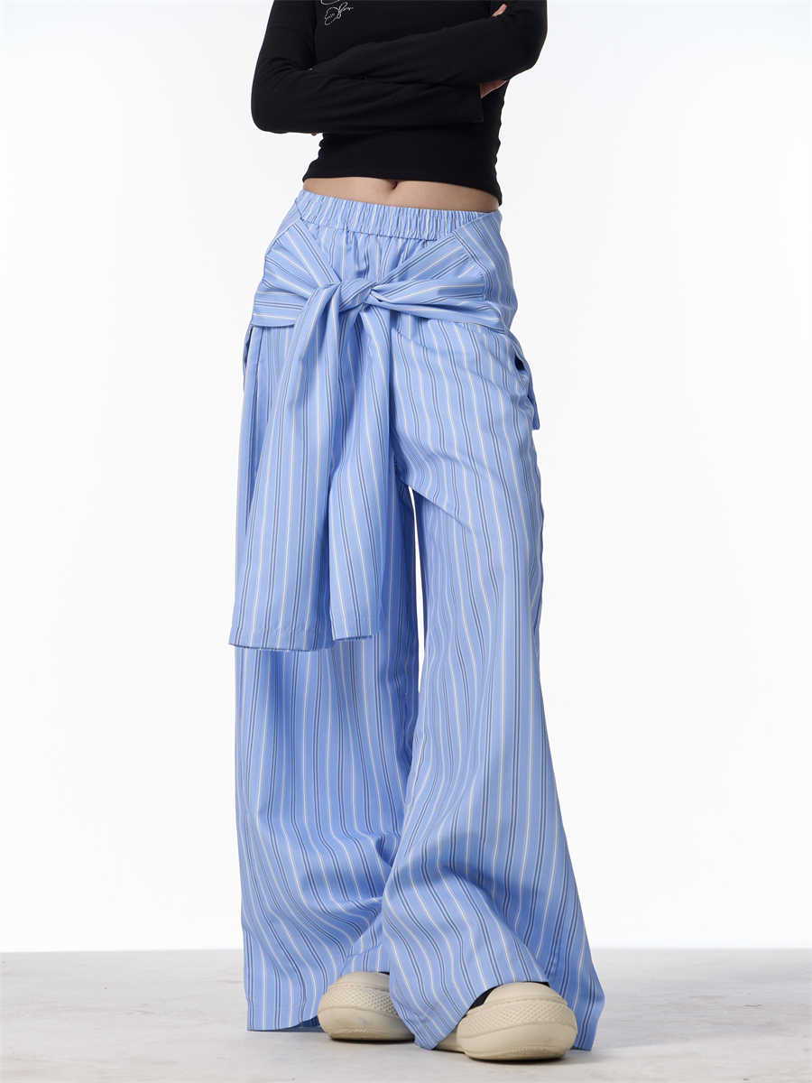 Retro Contrast Color Striped Wide-leg Pants Female Loose Casual Trousers