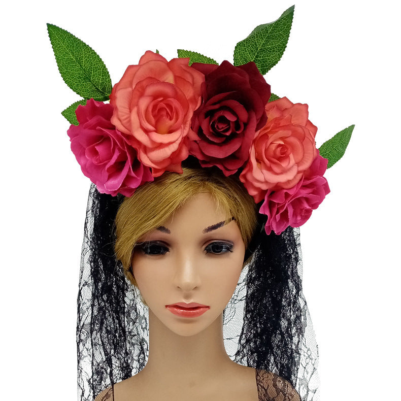 Artificial Rose Flower Headband Lace Veil