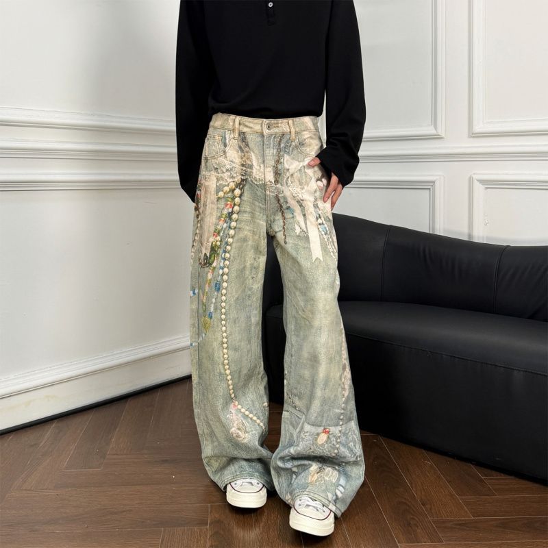 Pearl Lace Jeans Street Straight Loose Casual