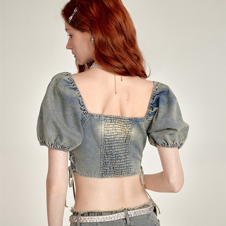 Lace-up Smocking Waist Slim Fit Cropped Denim Top