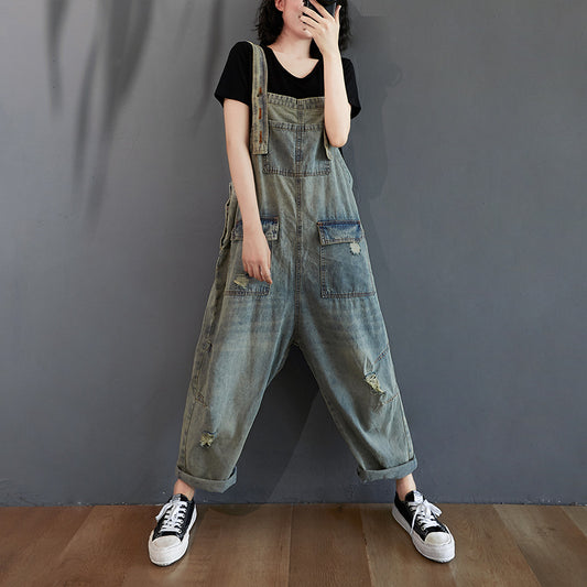 Retro Nostalgiske Ripped Denim Overalls til Kvinder