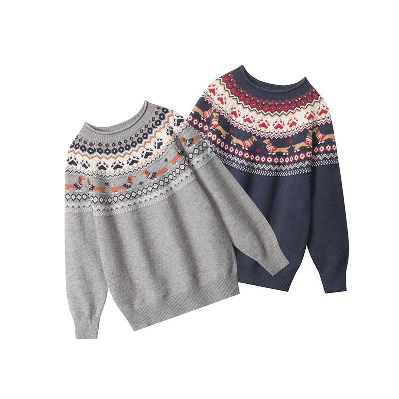 European And American Retro Contrast Color Loose Couple Jacquard Loose-fitting Pullover Sweater