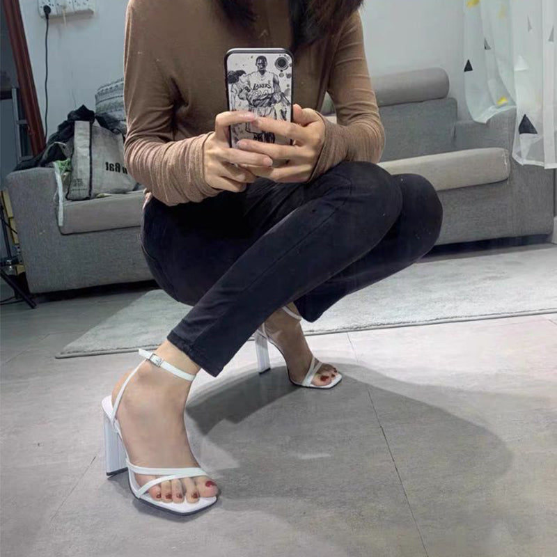 White High-heeled Sandals Women's Thick With A Word Belt