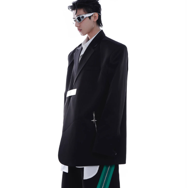 Design Sense Padded Shoulder Suit Jacket Zipper Stitching Ice Silk Fabric Suit