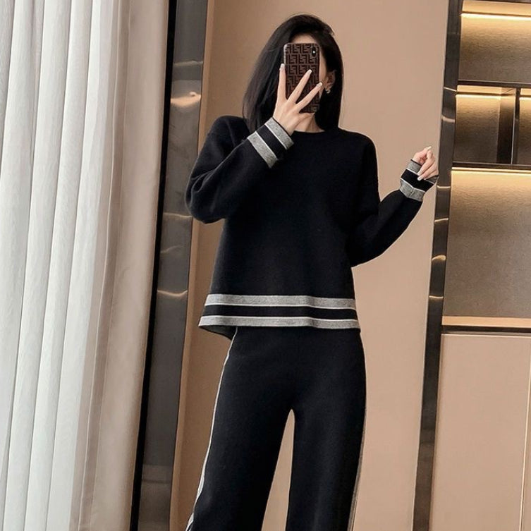 New Springautumn Womens Fashion Plus-size Wide-leg Pants Two-piece Set