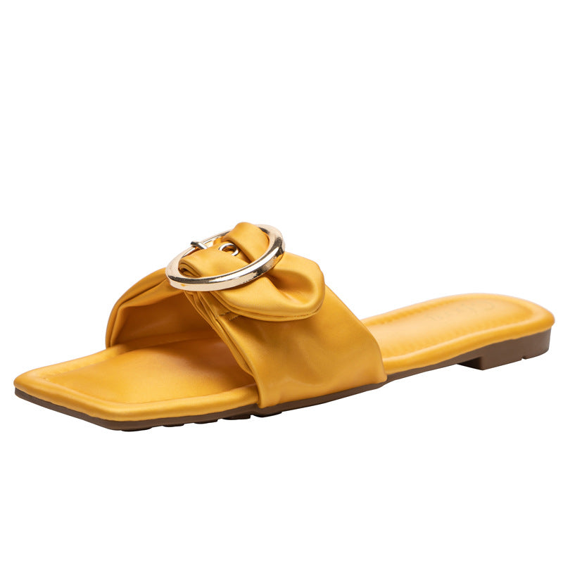 Korean Style Fashion Belt Buckle Flat Heel Women's Shoes Solid Color Square Toe Sandals
