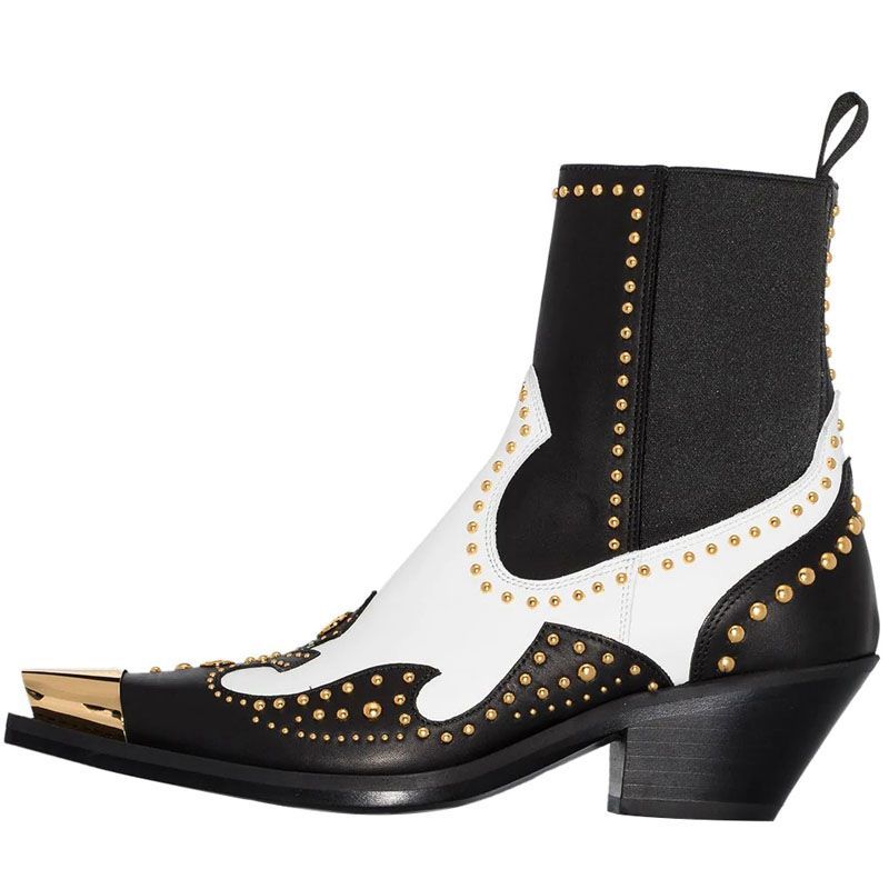Metal Pointed Rivets Leather Ankle Boots Chunky Heel
