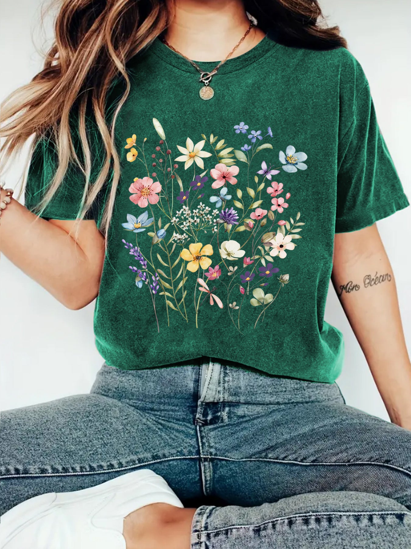 Elegant T-shirt With Floral Print, Women's Short-sleeve