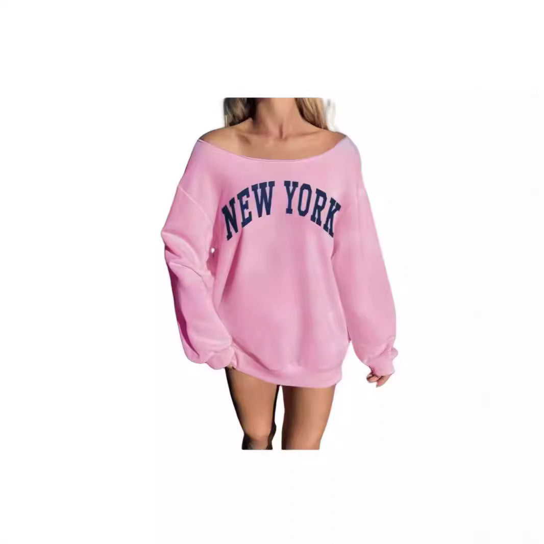 Women's Simple Letter Print Off-shoulder Long Sleeve Sweater
