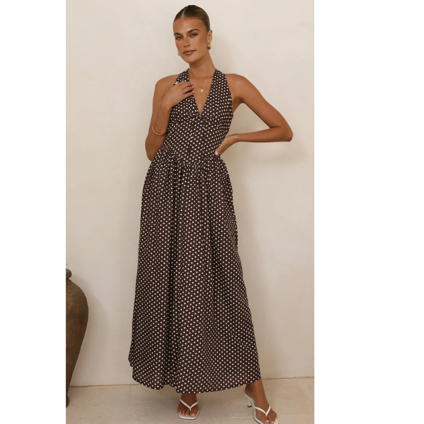 Polka-dot Halter Deep-V Dress Women's