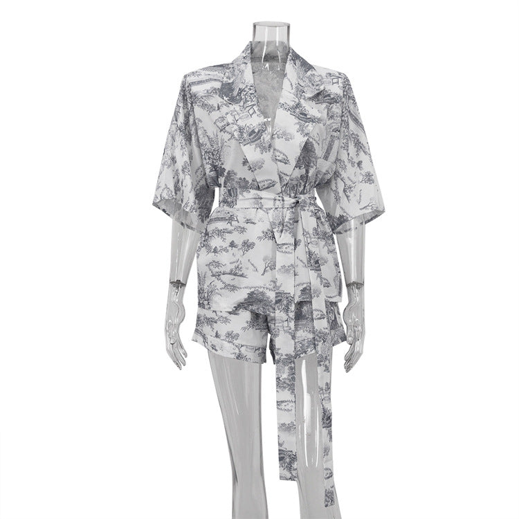 Womens Chinese-style Floral-print Top And Shorts Two-piece Set