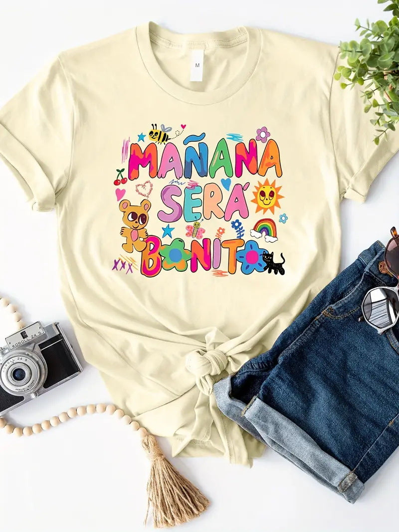 Round Neck Bear Letter Pattern Printed Short Sleeve