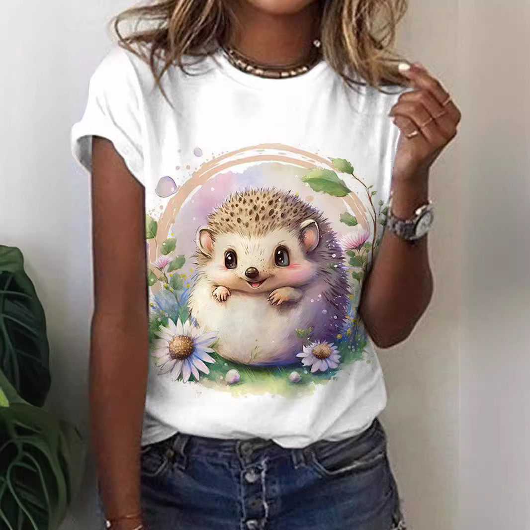 Cute Owl Pattern 3D Printed Round Neck Short Sleeve