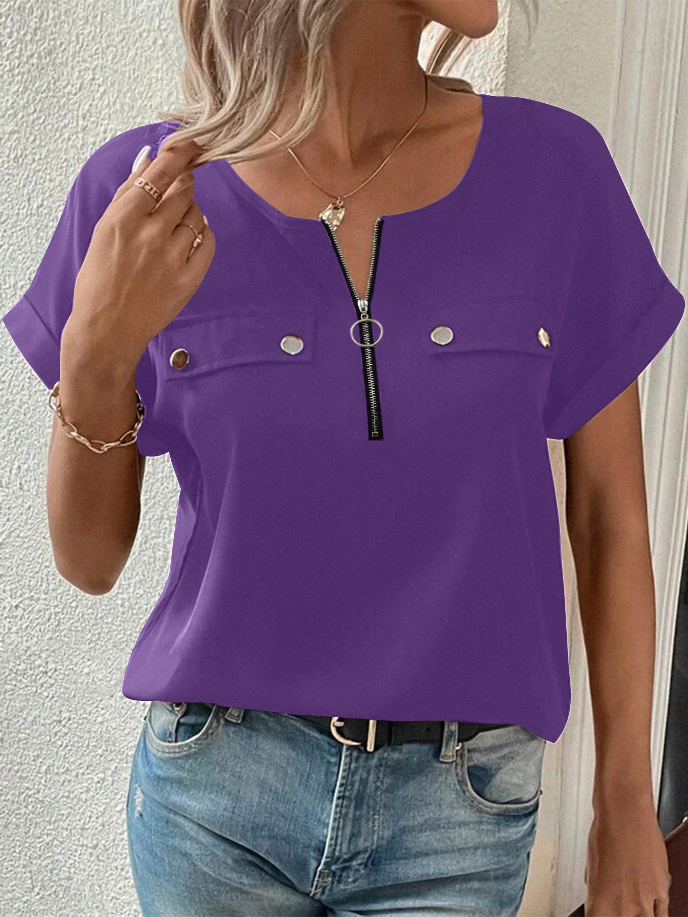 Womens Zipper-Button Top Fashionable Casual T-Shirt For Women