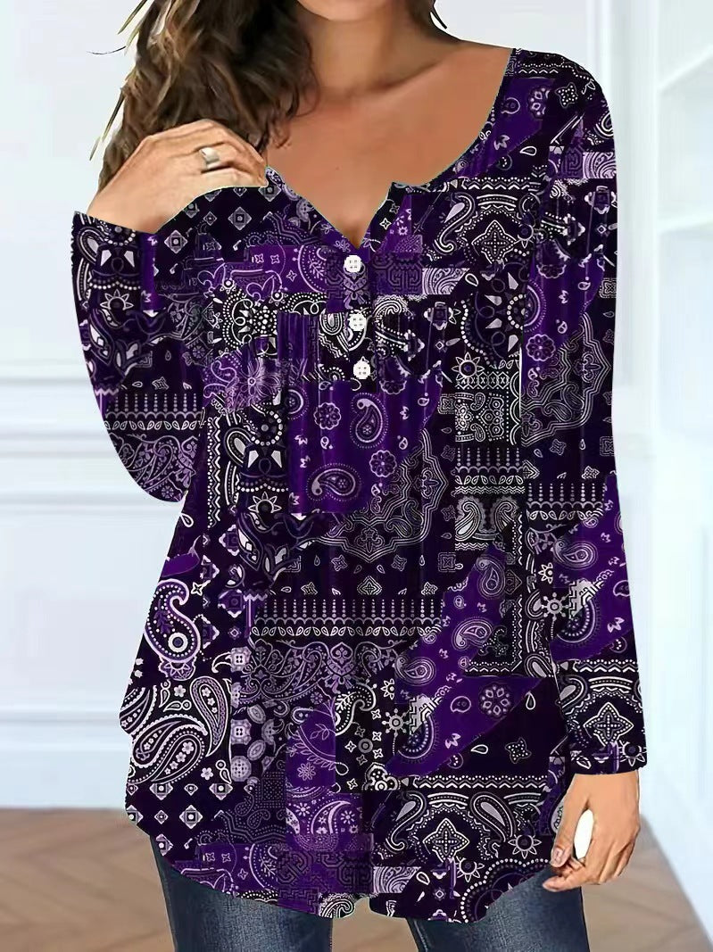 Paisley Mønster Elegant Løs Knap V-hals Top Dame T-shirt