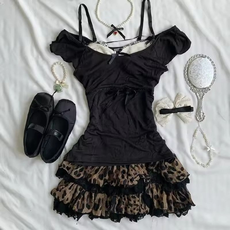 Hot Girl Fashion Trendy Stroppet Sort Top Med Falsk To-delt Look