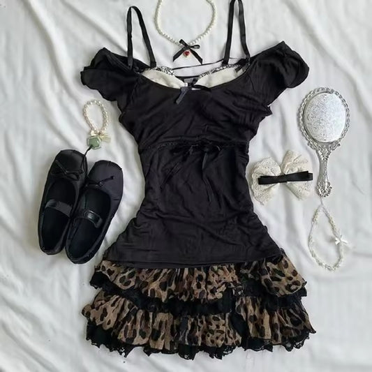 Hot Girl Fashion Trendy Strap Fake Two-piece Black Top