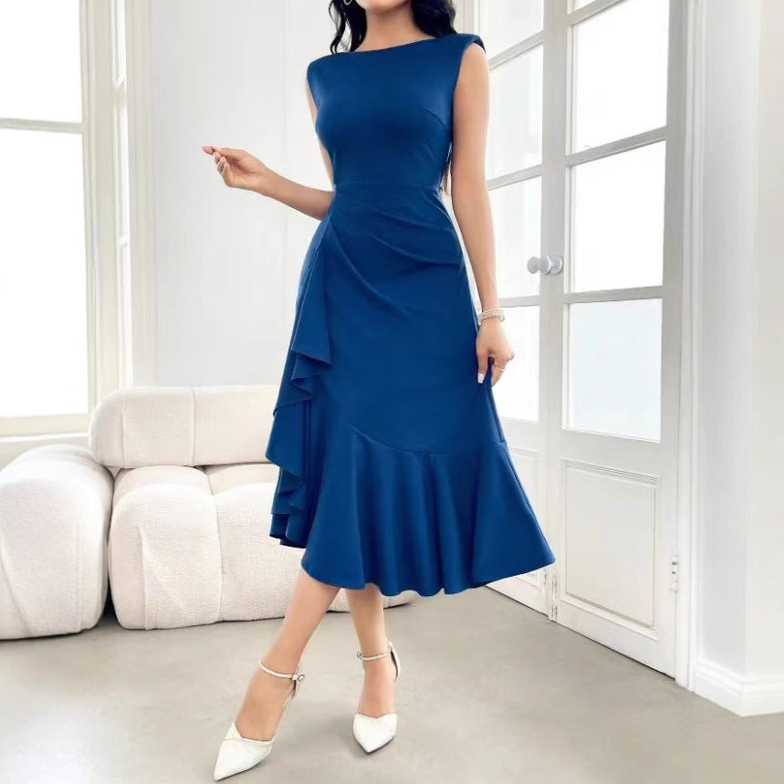 Womens Solid-Color Crew-Neck Sleeveless Dress With Ruffled Hem