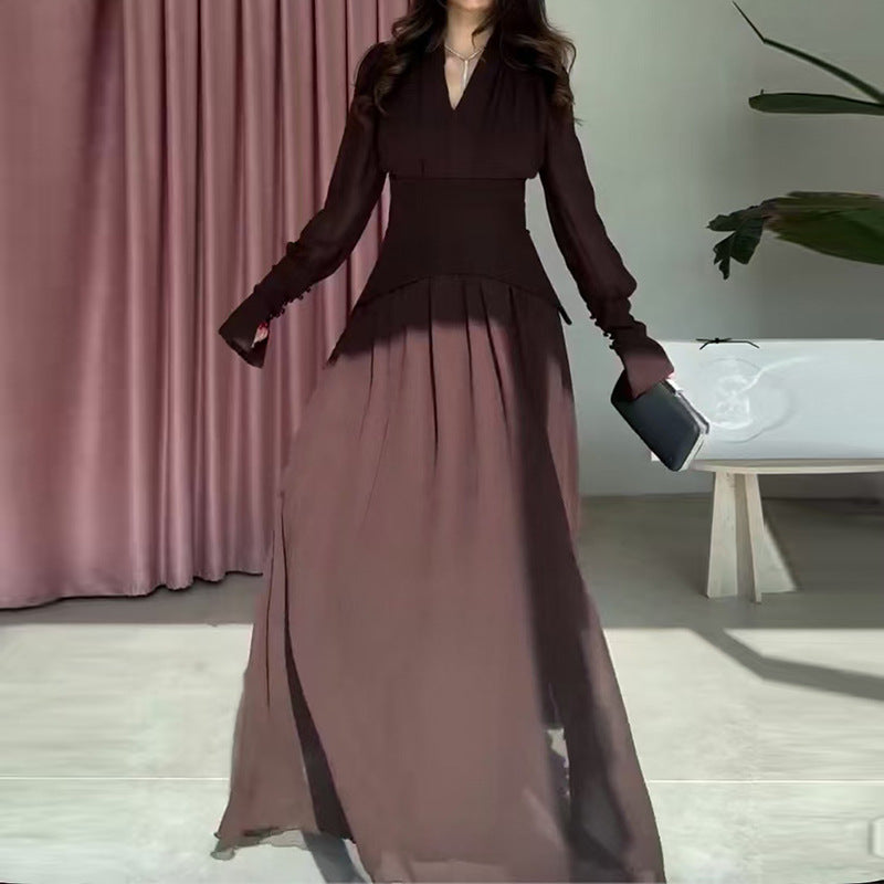 Lace-up V-neck Light-luxury Waist-cinching Maxi Dress With A Flared Hem