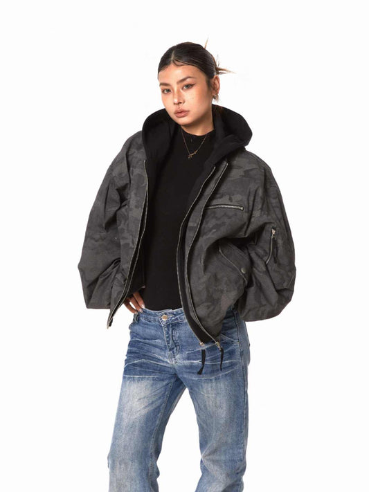 Retro Workwear Camouflage Coat Women Fake Two Pieces Loose Jacket