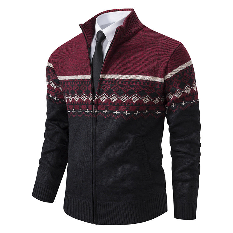 Men's Casual Stand-collar Sweater Coat With Fleece Lining And Color-blocking Design