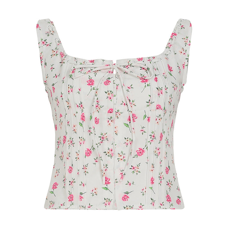 Romantic Girly Floral-print Halterneck Camisole With Tie-up Straps