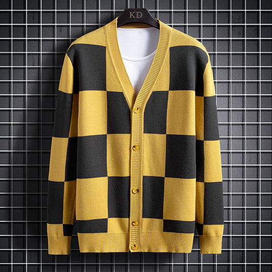 Plaid Men's Knitted Sweater Cardigan Outer Wear Spring And Autumn Coat