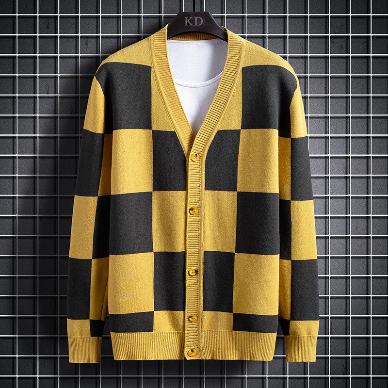 Plaid Men's Knitted Sweater Cardigan Outer Wear Spring And Autumn Coat