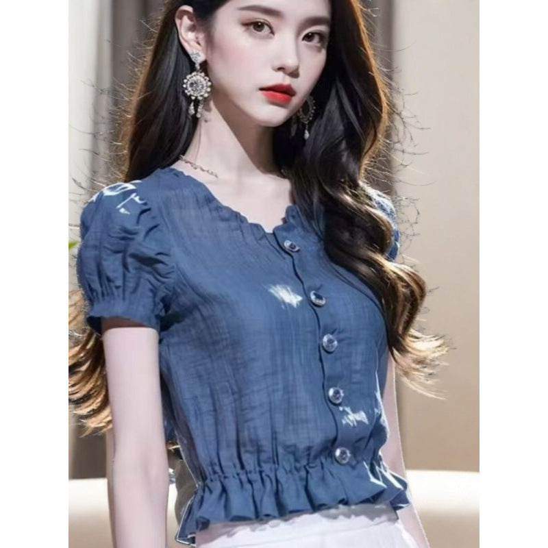 Summer French Blue Puff Sleeve Short Shirt