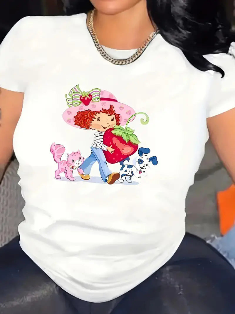 Fruit Strawberry Round Neck Short Sleeve Top For Women