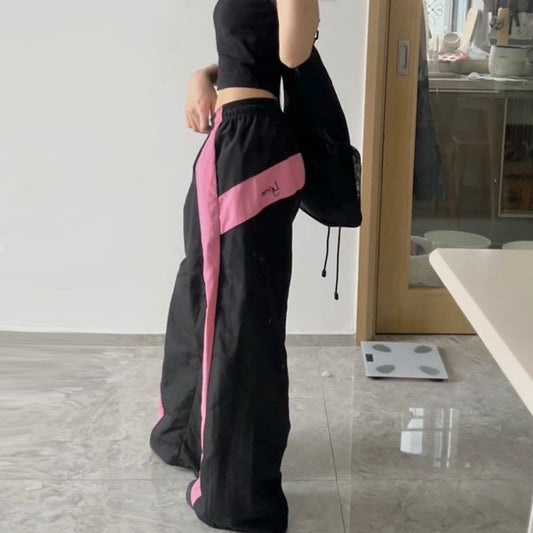 Contrast Patchwork Loose Casual Drawstring Wide-leg Pants