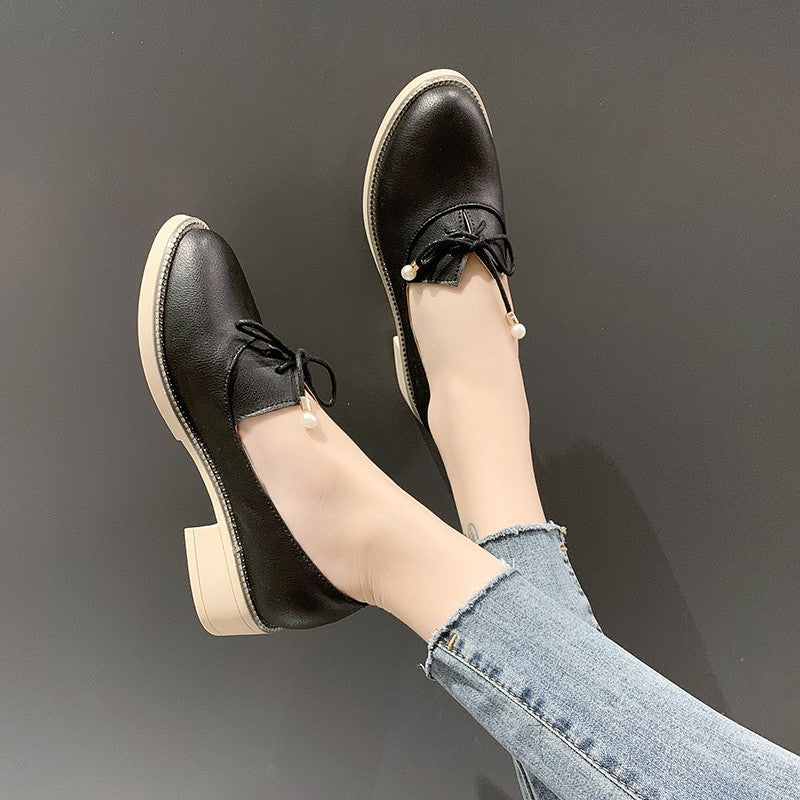 Spring Women's Small Leather Shoes With Shallow Mouth Mid-heel Shoes