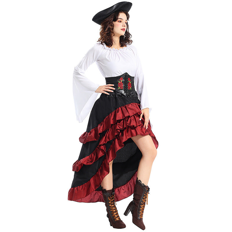 Halloween Costume Medieval Irregular Pirate Queen Waist-tightening Clothes Lotus Leaf Maxi Dress