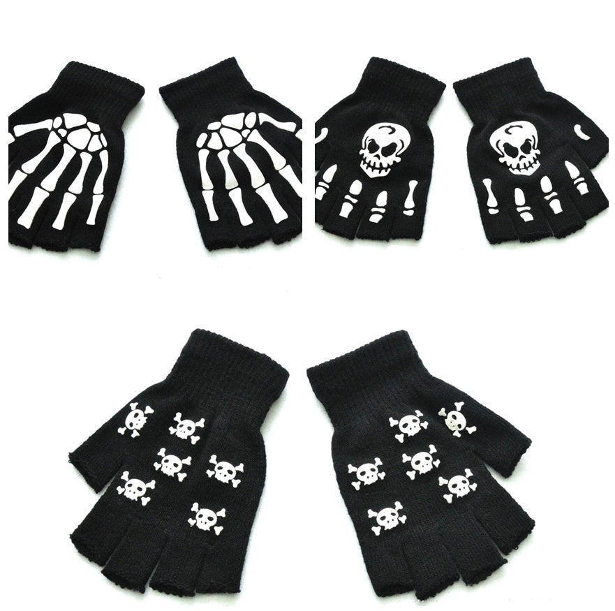 Varme Strikkede Halvfingerhandsker Halloween Lysende Kranie